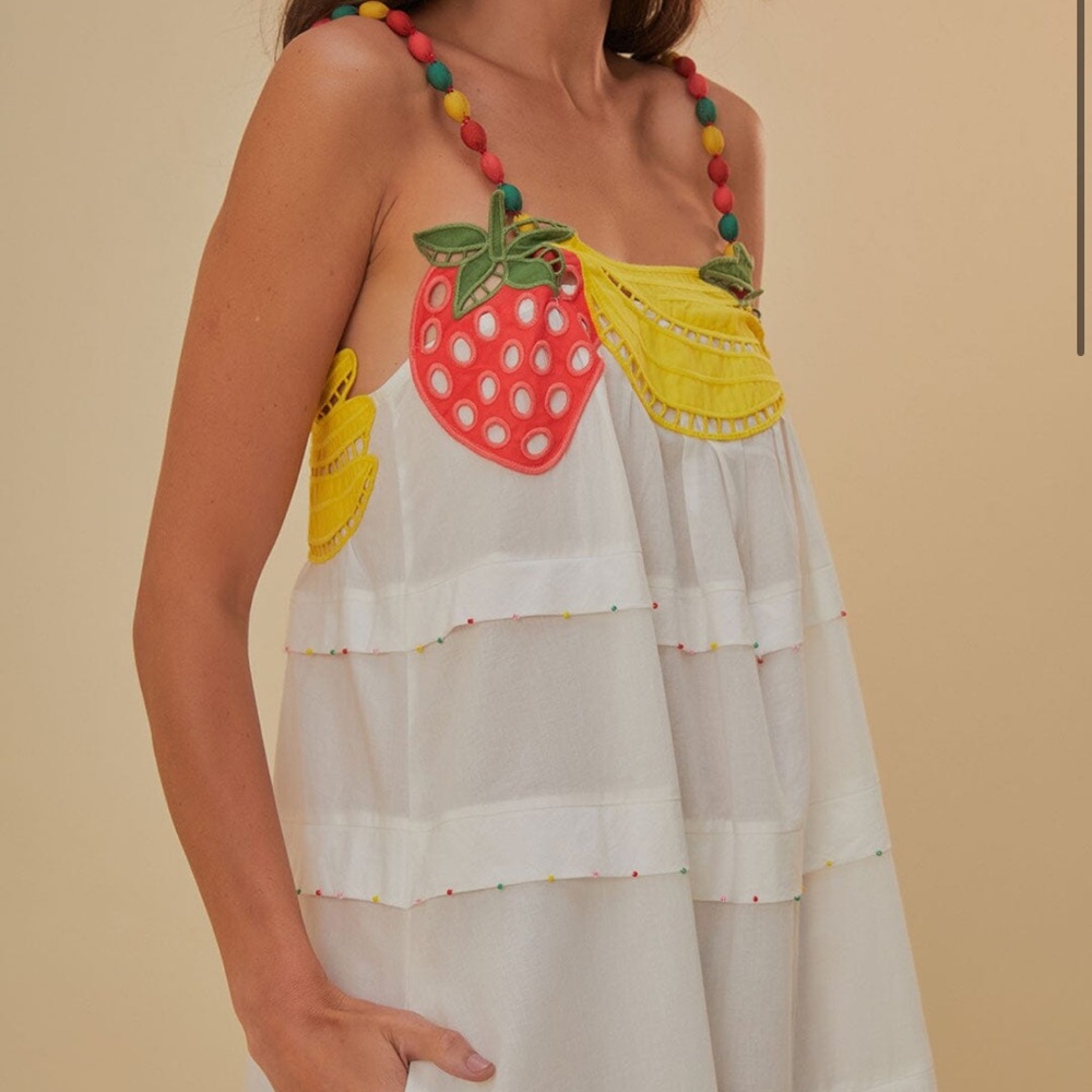 White Strawberry Applique Sundress with Colorful Beaded Straps